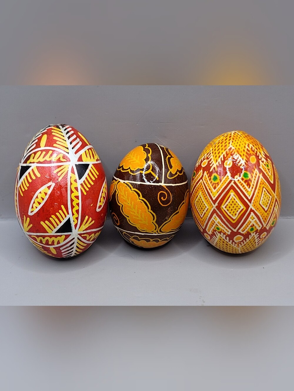 Vintage Ukrainian Pysanky Wooden Easter Eggs Hand Painted Batik Folk Art Lot 3